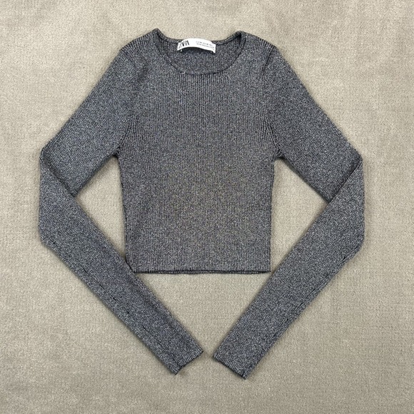 Zara Size M Women Silver Metallic Ribbed Long Sleeve Crop Top Shimmer Sweater — photo 2